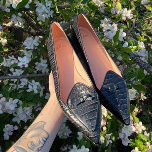 NWOT J.CREW Croc Embossed Leather Hunter Green Flat 9.5